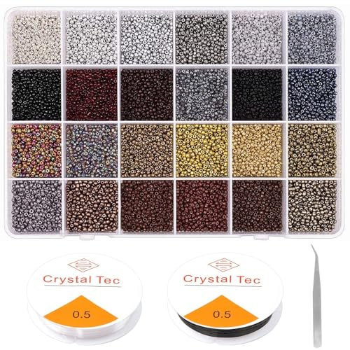 Yholin 2mm Glasperlen Rocailles Perlen 12000 Stück Kleine Perlen Set zum Auffädeln Bastelperlen mit Elastischen Schnur Schnüre für DIY Armbänder Halsketten Schmuck Basteln Schmuckherstellung