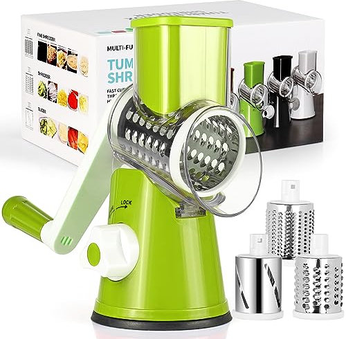 Diealles Shine Mandoline de Cuisine Manuelle, Coupe Legumes Multifonctions avec 3 Lames de Tambour Détachables, Râpe à Fromage pour Pommes de Terre, Carottes, Fromage, Noix, etc