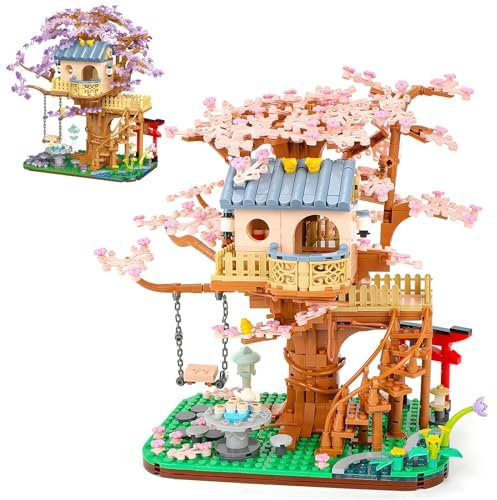 OundarM Cherry Blossom House Bonsai Tree Mini Building Blocks, Japanese Style Pink Botanical Sakura Collection Construction Kit for Kids Ages 6 and Up, Adults, Not Compatible with Other (1446 Pieces)