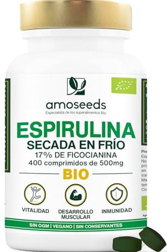 Espirulina BIO, 4500mg / día | 17% Ficocianina, Secada en frío | Saciante, Energía, Proteínas, Hierro | 400 comprimidos veganos de 500mg | Primera Calidad