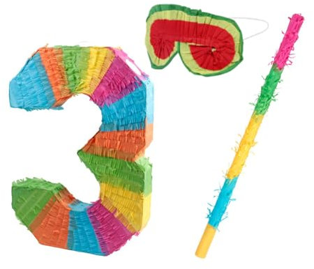 Alsino Pinata Set Zahlen 0-9 + Augenmaske & Schlagstab - Ideales Geburtstagsspiel für Kinderpartys Piñata zum Befüllen für Partys Kinder-Geburtstage Spiel zum Aufhängen, wählen:Pinata-Ziffer 3