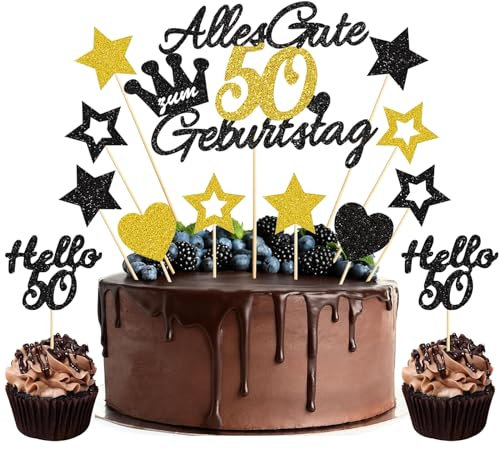 BURGEON Torten Deko 50 Geburtstag, 13 Stück Tortendeko 50 Geburtstag, Alles Gute zum Geburtstag 50 Jahre, Happy 50th Birthday Cake Topper, 50. Kuchendeko Kuchen Topper Gold Schwarz für Mädchen Junge