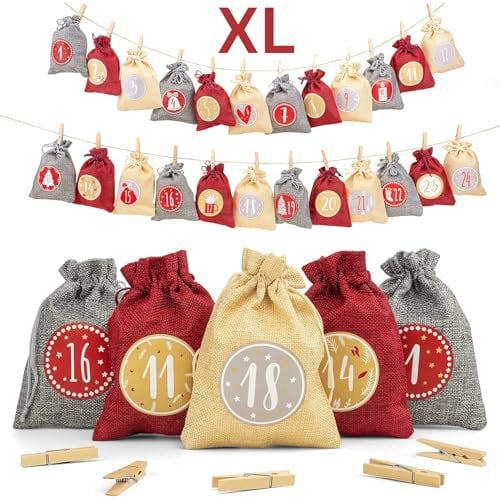Adventi® Groß Adventskalender zum Befüllen [24 Stück] Weihnachtskalender 2025 Jutesäckchen 20 x 15cm, Weihnachtsdeko Tüten/Säckchen, Geschenktüten Weihnachten mit individuellen Designs (Rot)