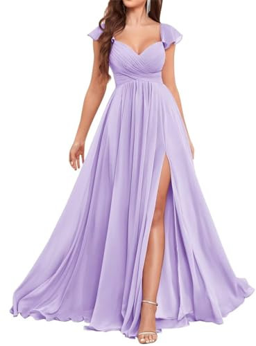 WSEYU Abiti da damigella d'onore in chiffon con volant per matrimonio scollo a V abiti da ballo manica ad aletta abito da sera formale con fessura, Lilla, 48