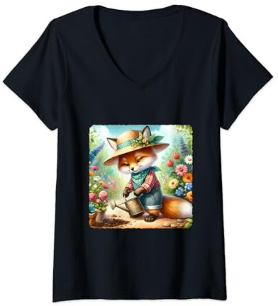 Mujer Fox Jardinería Con Un Sombrero De Paja En Un Jardín Soleado. Flores Camiseta Cuello V