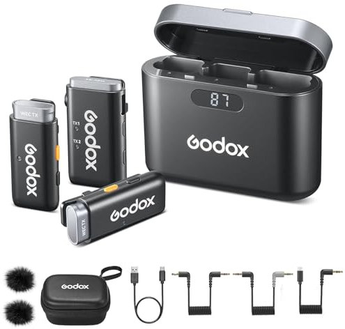 GODOX WEC Kit2 Microphone cravate sans fil USB C, autonomie de la batterie 8H, micro sans fil double canal 2,4 G, transmission de 200 m, suppression du bruit avec étui de chargement pour appareils