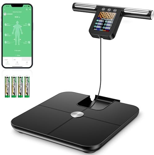 Onherm Körperfettwaage mit Handsensoren, 8 Elektroden Körperwaage Digital mit LCD Display, Ultra Precision Waage Körperfett und Muskelmasse mit APP, 32 Messdaten, zur Messung von Körperfett, BMI, usw