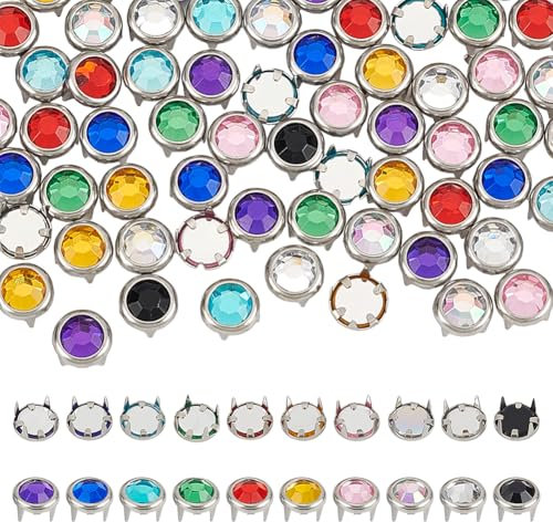 WADORN 100 pièce 10 couleurs Perles à Griffes en Laiton et Strass, Clous à Tête de Cristal Clou Tendance Pointes de Diamant Punk Rondes Strass en Cristal Griffes Rivets pour DIY Artisanat Vêtements