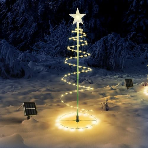 Christmas Tree Outdoor Solar LED, Spiral Christmas Tree with Star, Christmas Trees with Lights for Outdoor Garden Snow Pathway Patio Lawn Festive Xmas Decoration