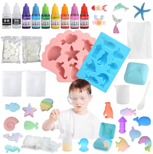 GHVACZS Ozean Seife Selber Machen Kinder Experimente für Kinder, Seifen Selber Machen Set Kinder mit Seifenbasis Seifenformen Silikon, Kreativ Seife Herstellen Kinder für Die Handgemachte Seifen