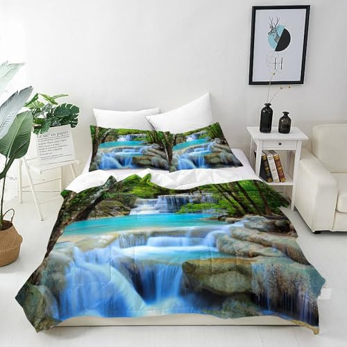 ANHOPE Natur Wald Wasserfall Creek Bettwäsche Set 2 Teilig Bettbezug 135x200 cm & Kissenbezug 80x80 cm Microfaser Bettbezüge mit Reißverschluss Weich Ganzjahres Bettdeckenbezug Set