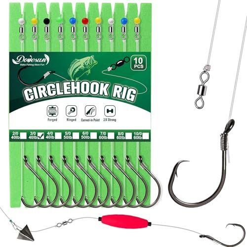 Dovesun 10PCS Circle Hooks Rigs Pre-Rigged Catfish Rig for Saltwater Freshwater Fishing Hooks for Catfish 3/0