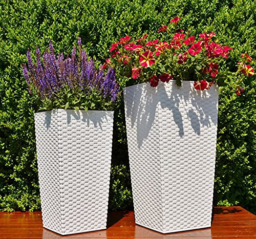 MELTOM Blumenkübel Blumentopf Hochglanz mit Einsatz Hoch Set Hochglanz Gerillt Rattan Oberfläche (Weiß Rattan, L+XL)