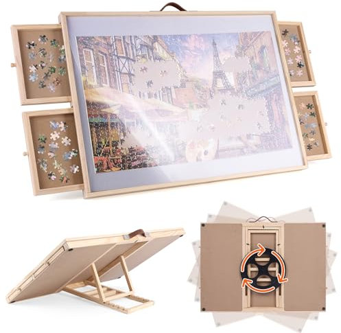 Ruication Jigsaw Puzzle Board Folding Tilting Puzzle Table Rotating Wooden Jigsaw Board Non-Slip Mat Surface for 1000 pieces 4 Sliding Drawers Storage System For Adults Kids Children Boy Girl Gift