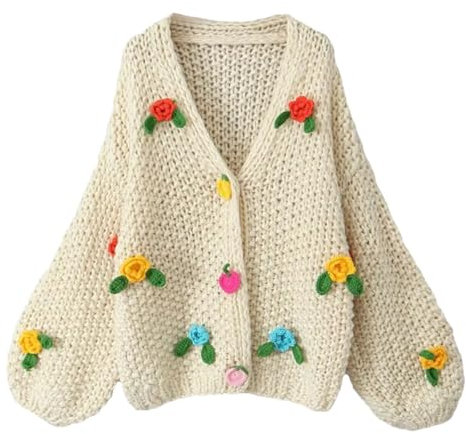 Rfmfkkg Cardigan da donna in filato grosso con fiori fatti a mano, stile bohémien, con maniche a lanterna, Albicocca, Taglia unica