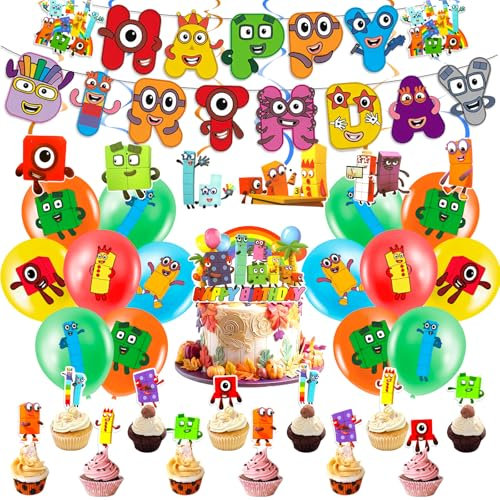 40PCS Number Birthday Decorations, Blocks Party With Banner, Latex Balloons, Cake Topper, Cupcake Toppers, Spiral Decorations - Theme Birthday Party Supplies for Kids Baby Shower