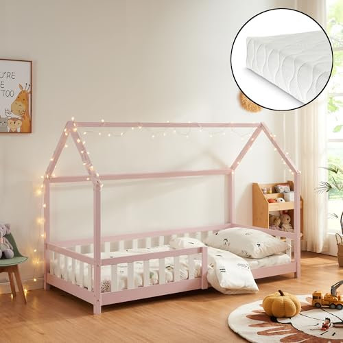 [en.casa] Letto Singolo per Cameretta con Materasso a Schiuma Fredda 90 x 200 cm Letto a Casetta con Sbarre per Bambini Struttura in Legno di Pino - Rosa