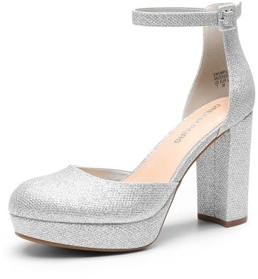 DREAM PAIRS Women's Platform Chunky High Heels Closed Toe Block Ankle Strap Dress Bridal Party Wedding Shoes,Size 6,Silver,DWUMPU2534
