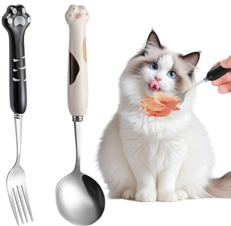 Dog Food Fork, Pet Food Spoon Set, Stainless Steel Forks and Spoons for Pet Feeding, Pet Canned Food Feeding Tools, Dog Cat Feeding Spoon for Wet Food, Cute Paw Pet Feeding Cutlery (Black and White)
