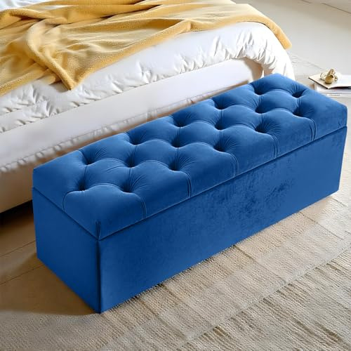Harveys Living Chesterfield Ottoman Storage Box - Fabric Button Style Engineered Wood Luxurious Plush Velvet Ottoman Storage Bench - (Blue, No Legs)