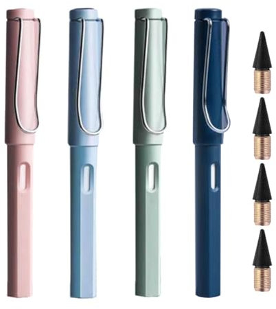 POHOVE Metall Tintenlose Bleistifte, 4 Stück Tintenloser Bleistift mit Radiergummi, mit 4 Stück Wechselkopfm, Bleistifte Set für Erwachsene Studenten Künstler(COLOR:berry, kiwi, navy, red)