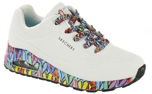 Skechers Damen UNO Ravaged Love Sneaker, White Duraleather/Multi Trim, 38.5 EU