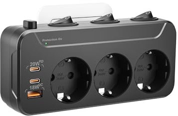 Ladron Enchufes con Interruptor,Enchufe Multiple USB C Carga Rapida PD20W,Regletas Enchufes Pared Protección Sobretensión,Regleta 3 Tomas,Rotación Horizontal y Vertical Triple Enchufe Adaptador,Negro
