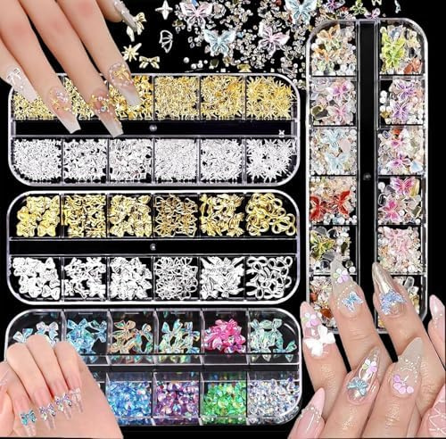 4 Schachteln Nail Charms,48 Typen Nagel Charm s,Gold Silber Stern Schleifen N ail Charms Strasssteine,Char ms Nä gel in Weiß Perle,Beige und Weiße Perlen als Nail Art für Nageldesign Zubehör