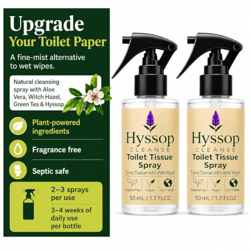 2-Pack Toilet Paper Spray | Flushable Wet Wipe Alternative |Toilet Wipes | Travel Wipes | Eco-Friendly Washlets | Moist Wipe | Hyssop Cleanse