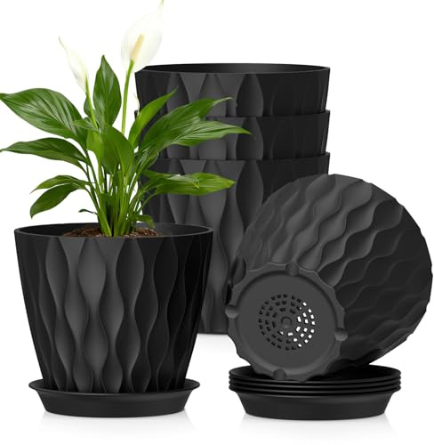 WSMKSZ 17.6cm Plant Pots Indoor Outdoor, 5 Pack Plastic Flower Pots, Black | Medium Decorative Thick Planters Pots with Saucers & Drainage Holes, 3D Modern Wave Texture, for Lavender & House Plants