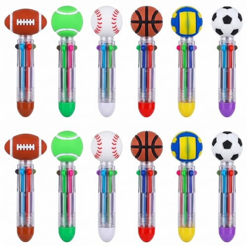 12 Pezzi Penne Multicolore per Bambini, Penna 4 Colori 0.7mm Tema Palla, Gadget Compleanno Bambini e Pensierini Fine Festa, Regalo Scuola e Bomboniere Divertenti per Invitati, Modelli Casuali