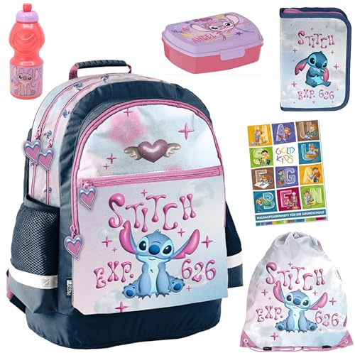 PASO- Schulranzen für Jungen und Mädchen, 6er-Set - Schul-Rucksack für Kinder mit Federmäppchen - Schuhbeutel Trinkflasche und Brotdose- Stitch Motiv- 1-3 Klasse