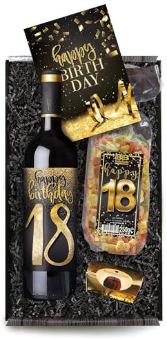 Bull & Bear Geschenkbox Happy Birthday 18, Set mit Rotwein, Nudeln und Geburtstagskarte, Geschenk zum 18. Geburtstag