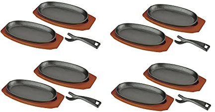 JapanBargain, plato de carne con base de madera de hierro fundido, sartén, plato de servidor Fajita, para uso doméstico o restaurante, juego de 2