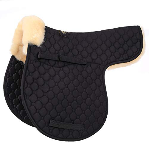 Merauno Echtes Lammfell Sattelkissen Sattel Dressur und Allzweckkissen mit Echtes Lammfell und gesteppter Baumwolle (VSS(Versatility), Schwarz mit Naturlammfell)