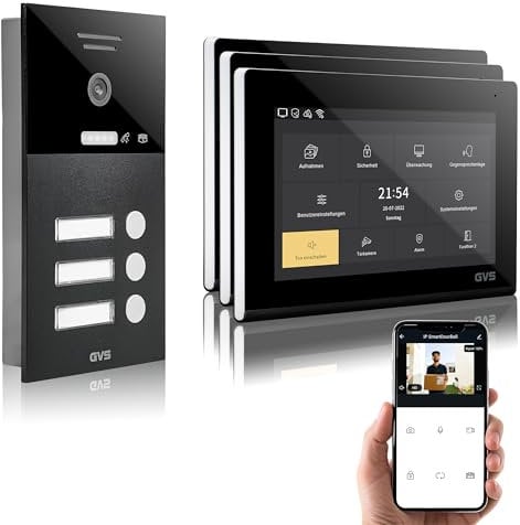 GVS - IP Video Türsprechanlage 3 Familienhaus mit Türöffner, HD Kamera, 3X 7 Zoll Monitor & App - Smarte Video Türklingel mit Kamera & Gegensprechanlage (AVS1291U)