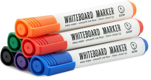 Magnetic Innovations Pack of 6 Coloured Dry Wipe Whiteboard Marker Pens - Chisel Point