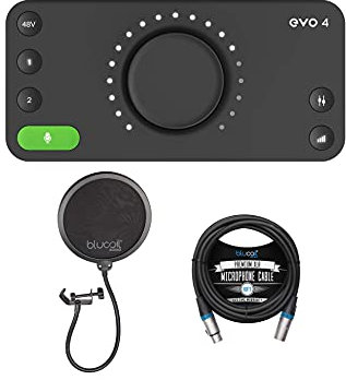 Audient EVO 4 USB-Audio-Schnittstelle für DJ-Produktion und Studio/Home Recording Bundle mit Cubase LE und Cubasis LE 2 Software für Windows und Mac, Blucoil Pop Filter und 3 m symmetrisches XLR-Kabel