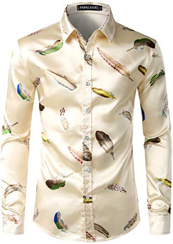 PARKLEES Men's Casual Luxury Printed Silk Like Satin Button Down Dress Shirt for Party Wedding PZLCL15 Champange L