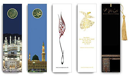 herzenssprache.info - Fünf islamische Lesezeichen im Set (Mekka - Medina - Rose - Rumi - Kaaba), Beidseitige Glanzkaschierung, Größe 5,1cm x 18,6cm, orientalisch