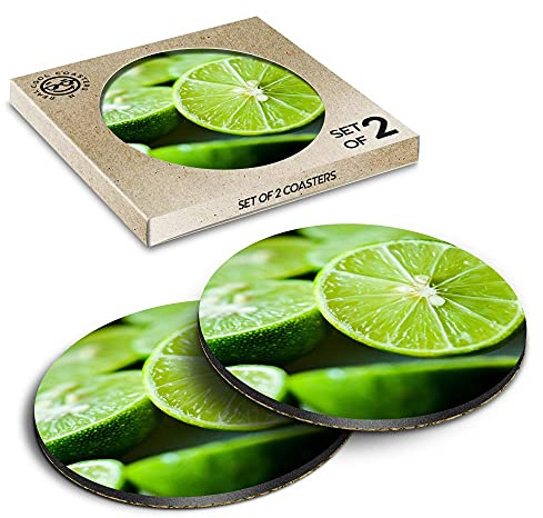 2 x Eco Boxed Cork Coasters - Green Lime Fruit Summer Drink Cup Mug Glass Table Mat #2616-2