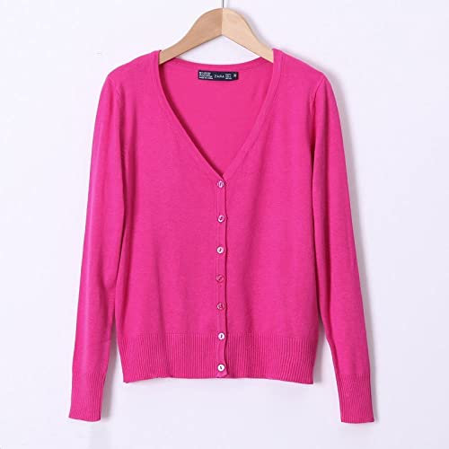 JIANGZ Cardigan Femme,Couleur Unie Rose Rouge Ultra Doux Cardigan Basique Léger Cardigan Slim Fit Cosy Manches Longues Pull Tricoté Manteau Veste Vêtements D'Extérieur pour Femme,L