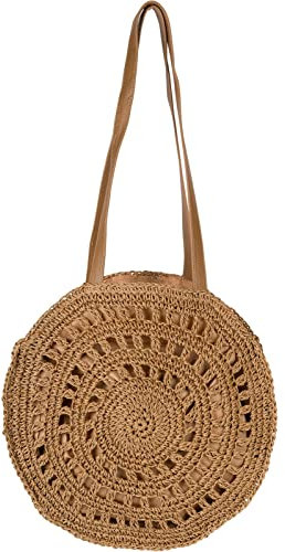styleBREAKER Damen Runde Schultertasche aus geflochtenem Papierstroh, Henkeltasche, Reißverschluss, Boho Style 02012383, Farbe:Braun