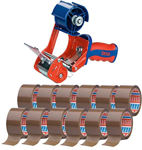 tesa Packband Handabroller, Modell Comfort für Rollen bis 66m x 50mm (Maxi Bundle mit 12 Rollen Paketklebeband, braun)