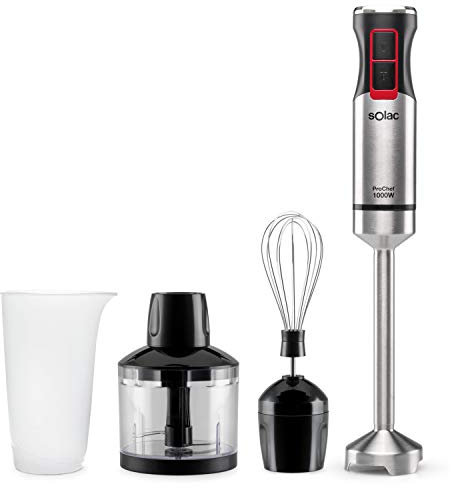Solac - Batidora de mano 1000W | Picadora eléctrica en INOX | 4 Velocidades + Turbo | Incluye Vaso medidor, Picador y Emulsionador | Pica hielo, alimentos congelados, frutos secos | Minipimer 3en1