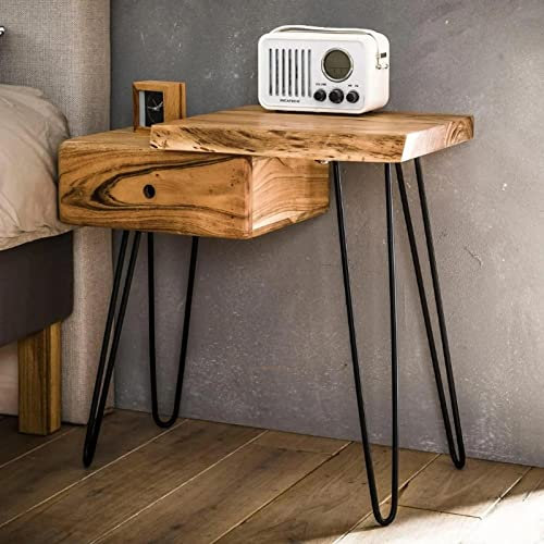 Ringo-Living Massivholz Nachttisch mit Schublade Aluna, Stauraum Nachttisch Industrial Style, Nachttisch Industrie Style, stylischer Beistelltisch mit Ablage,Nachttisch Holz, Nachttisch Braun