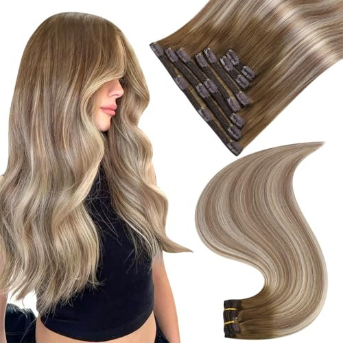 Easyouth Extensions Echthaar Clip Blond Balayage Clip Extension Echthaar Ombre Hellbraun Dunkelbraun Mittelblond Echthaar Clip in Extensions Doppelt Tressen Remy 40 cm 120g 7Pcs #3/8/22