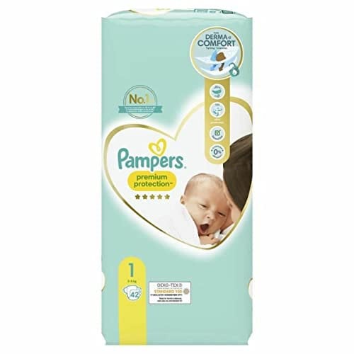 Pampers Premium Protection Windeln, Größe 1 – 42 Windeln, 2 bis 5 kg, Packung mit 42 Windeln
