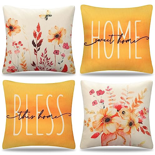DakTou Kissenbezug 50x50 Orange Frühling Sommer Herbst Blumen Outdoor Kissen Dekokissen Sofakissen Kissenhülle Leinen Dekorative Kissenbezüge für Sofa Couch Schlafzimmer Wohnzimmer 4er Set