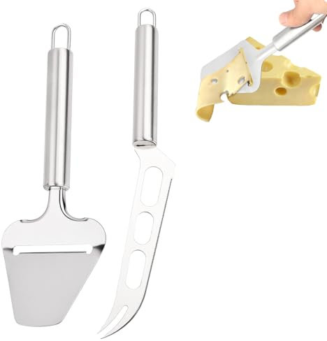 Wasuqo Juego de 2 cuchillos de queso de acero inoxidable, cortador de queso clásico, pala para queso, mango seguro con ganchos, cortador de queso para queso blando, chocolate, pizza, pastel